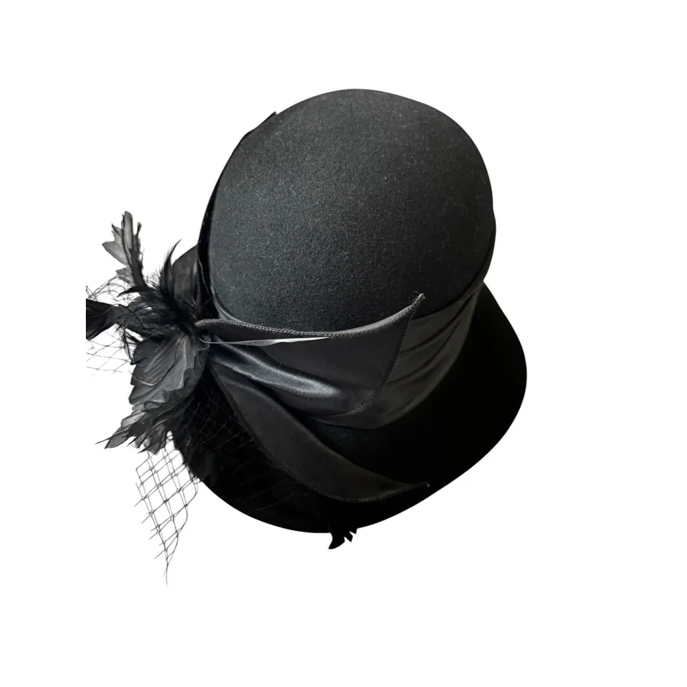 Something Special Black Wool Felt Cloche Hat Feather Veil Vintage Style Women